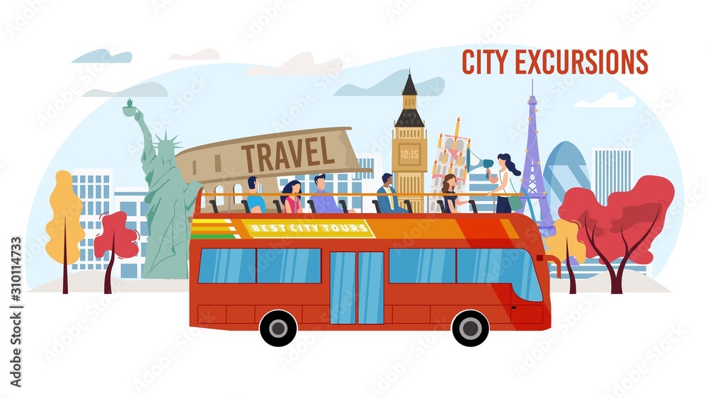 Touristic City Excursion, Bus Tour Service Trendy Flat Vector Advertising  Banner, Promo Poster Template. Female Tour Guide with Loudspeaker Talking  to Tourists Group on Double-Decker Bus Illustration Stock Vector