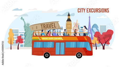 Touristic City Excursion, Bus Tour Service Trendy Flat Vector Advertising Banner, Promo Poster Template. Female Tour Guide with Loudspeaker Talking to Tourists Group on Double-Decker Bus Illustration