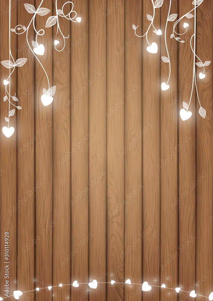 Romantic background conception included brown wood planks and white glowing  heart as doodle vines style Stock Vector | Adobe Stock