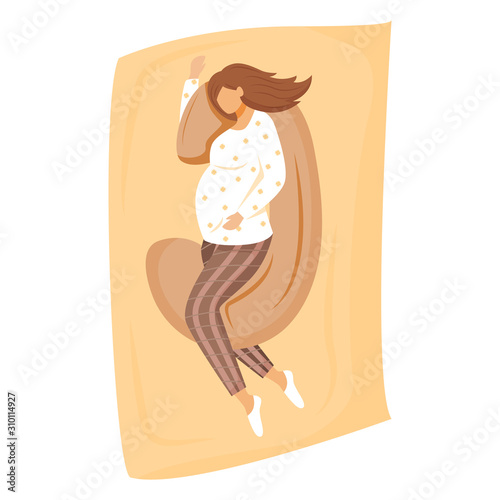 Pregnant woman sleeping on pregnancy pillow flat vector illustration. Waiting of baby. Maternity preparation. Girl relaxing on bed in prenatal time cartoon character on white background