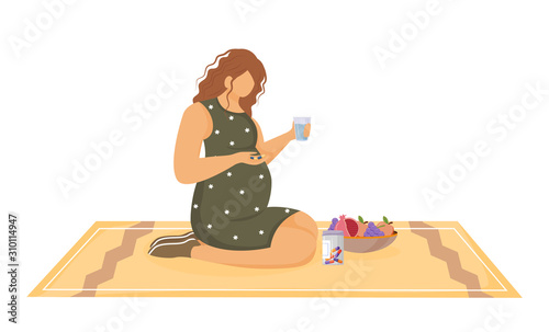 Pregnant woman taking pills flat vector illustration. Healthy nutrition and maintenance therapy. Young girl using vitamin tablets during pregnancy cartoon character on white background