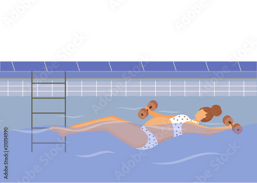 Pregnant girl swimming in aqua fitness class flat vector illustration. Health during pregnancy. Young woman exercising in water with weights cartoon character on white background