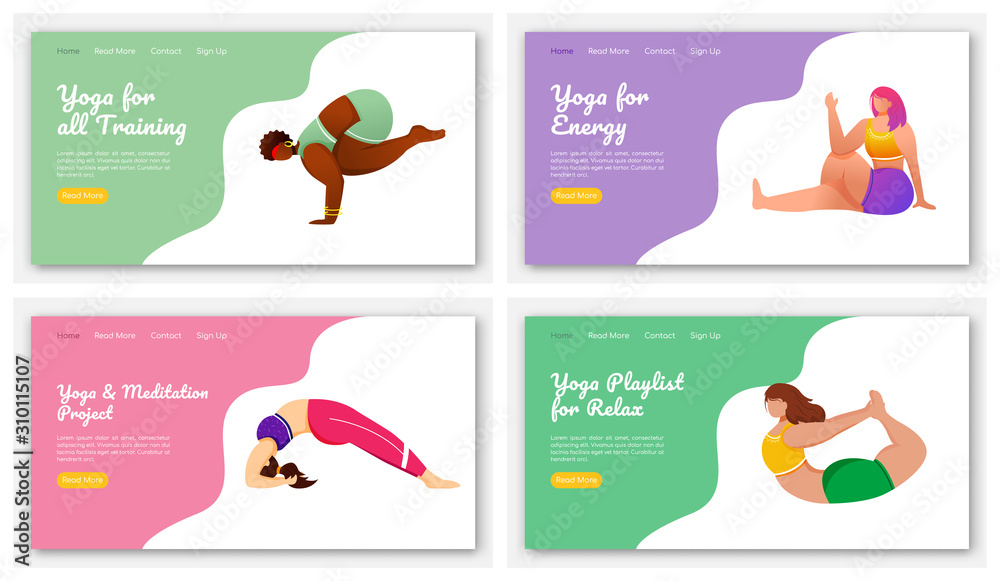 Yoga poses landing page vector template set. Meditation exercises. Healthy lifestyle. Bodypositive website interface idea with flat illustrations. Homepage layout, web banner, webpage cartoon concept