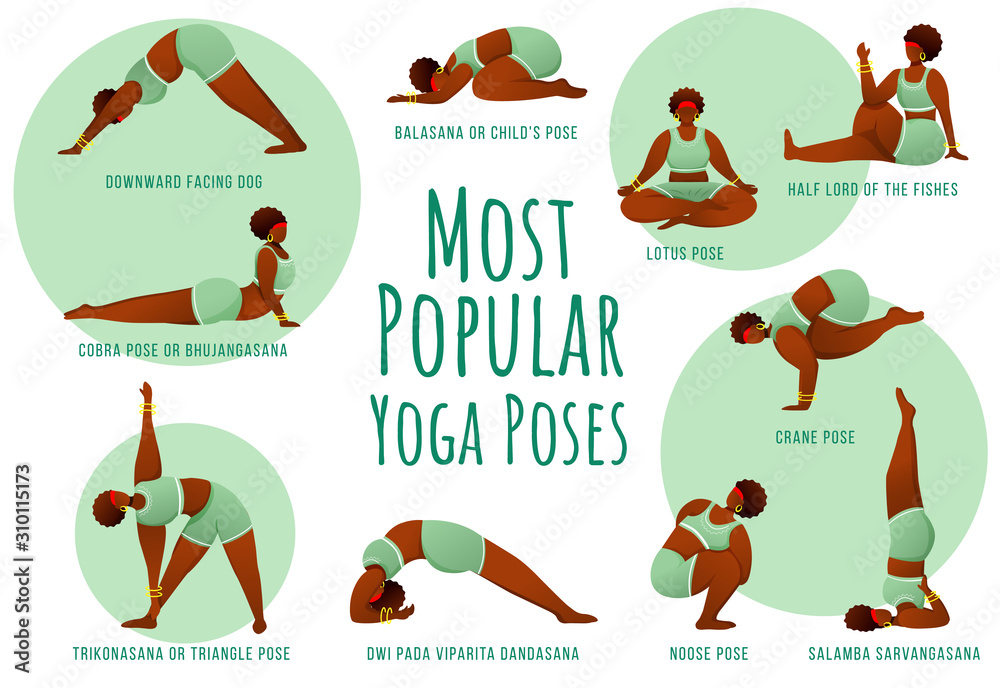 Fototapeta premium Popular yoga poses green vector infographic template. Body positive dark skin female. Poster concept design with flat illustrations. Advertising flyer, leaflet, banner with workflow layout idea
