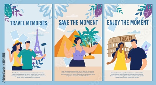 Romantic Travels for Newlyweds, Honeymoon Trips in Foreign Country Trendy Flat Vector Web Banners, Landing Pages Set. Happy Tourists, Couple in Love Making Selfie in Paris, Rome and Egypt Illustration