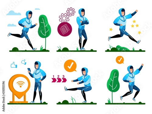 Healthy Lifestyle Activities, Outdoor Fitness Routines Trendy Flat Vector Isolated Concepts Set. Young, Active Man in Sportswear, Squatting and Jogging, Sharing Training Results Online Illustration