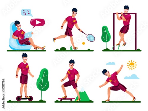 Summer Recreation, Fitness Training, Healthy Lifestyle Various Activities Trendy Flat Vector Concepts Set. Man in Sportswear Stretching, Doing Pull-Ups, Playing Tennis, Riding Skateboard Illustration