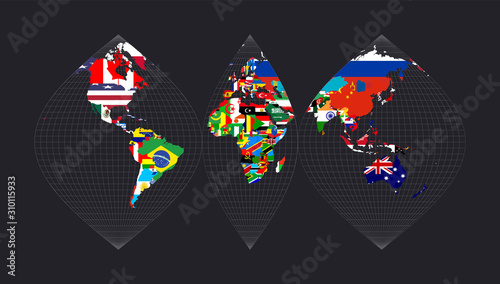 Map of the world with flags. Interrupted sinusoidal projection. Map of the world with meridians on dark background. Vector illustration.