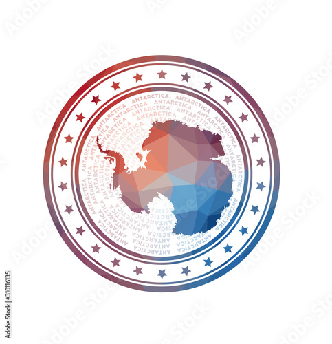 Flat low poly stamp of Antarctica. Polygonal Antarctica badge. Trendy vector logo of the continent.