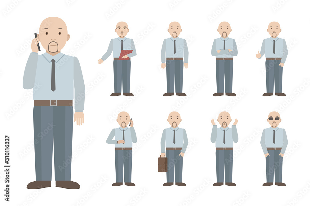 Bald bearded Caucasian man standing in different poses. Vector illustration.
