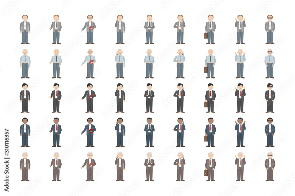 Men of different ethnicities standing in different poses. Vector illustration.