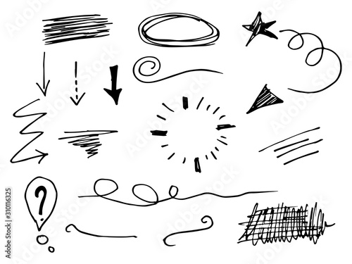 Vector hand drawn collection of design element. curly swishes, swoops, swirl, arrow, heart, love, crown, leaf, star, sun burst, firework, highlight text and emphasis element. use for concept design