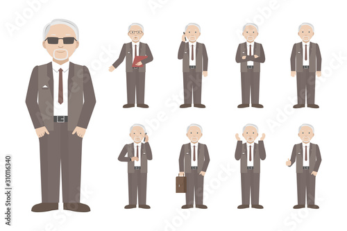 Old Caucasian man standing in different poses. Vector illustration.