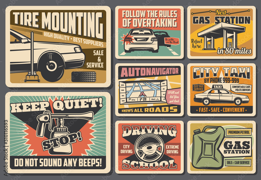 Car service, mechanic maintenance and automobile repair vintage retro posters. Vector keep quiet sign, driving school and tire mounting garage station, city taxi and road navigator