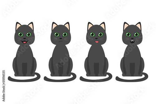 Emotions of black cat. Kittens with green eyes. Vector illustration.