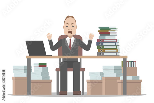 Accountant prepare annual report and shout. Vector illustration.