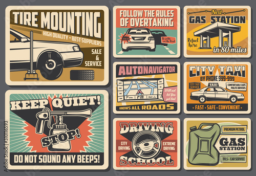 Car service, mechanic maintenance and automobile repair vintage retro posters. Vector keep quiet sign, driving school and tire mounting garage station, city taxi and road navigator