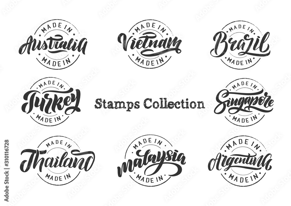 Fototapeta premium Set logo travel stamp, lettering, calligraphy. Logos for stamps, labels, emblems, badges, stickers