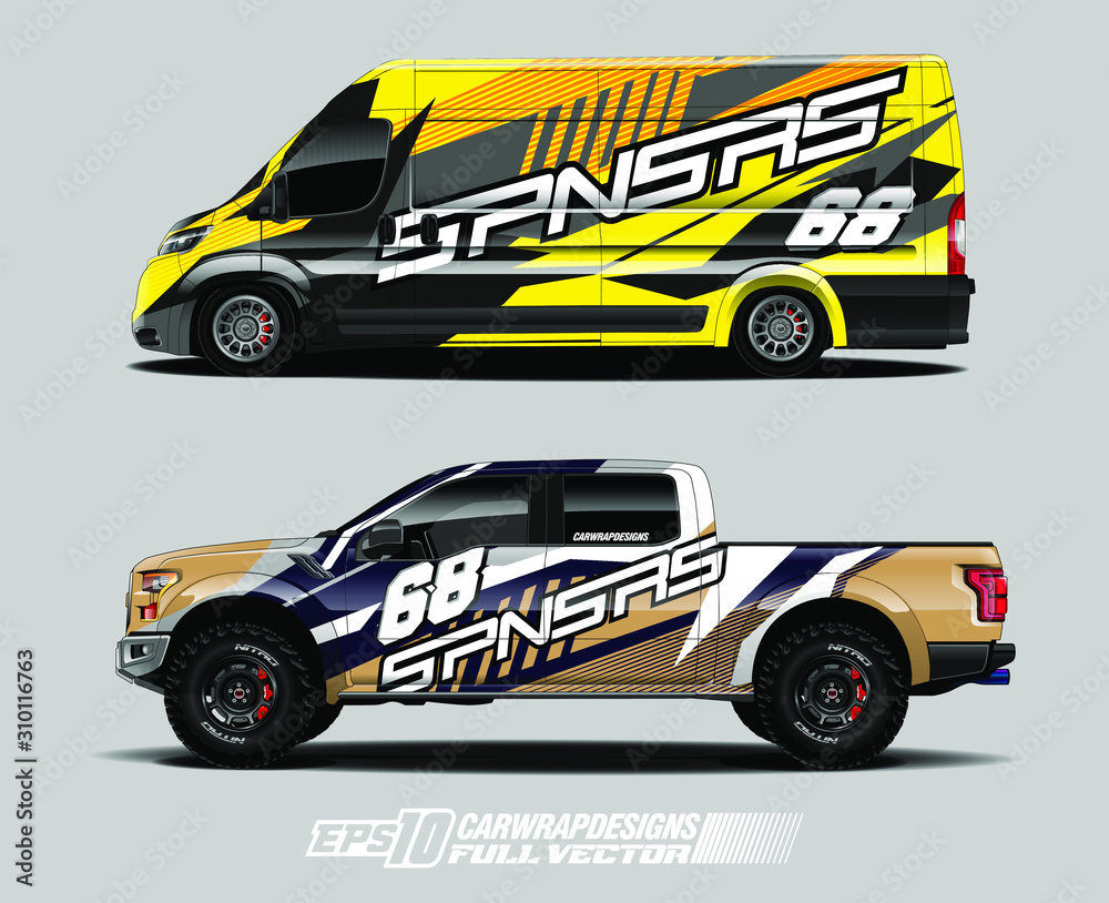 Van and truck wrap design vector. Abstract stripe racing background kit designs for wrap vehicle, race car, rally, branding car, adventure and livery. Full vector eps 10