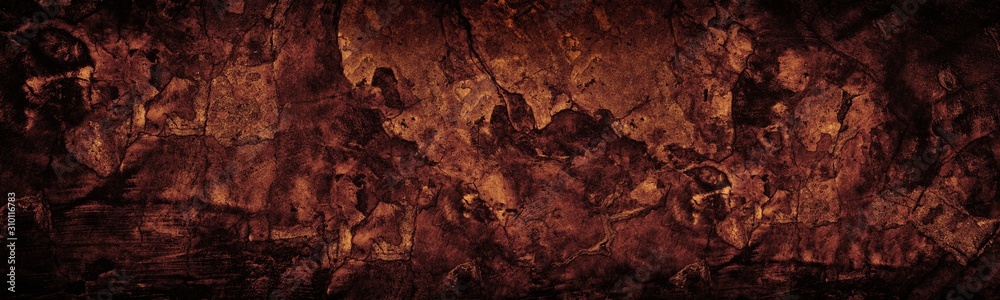 Old cracked concrete wall wide texture. Dark copper red gloomy grunge long panoramic background