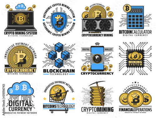Bitcoin cryptocurrency blockchain, digital money mining and crypto coin technology icons. Vector cryptocurrency computer block chain network, bitcoin calculator and mobile web payment system