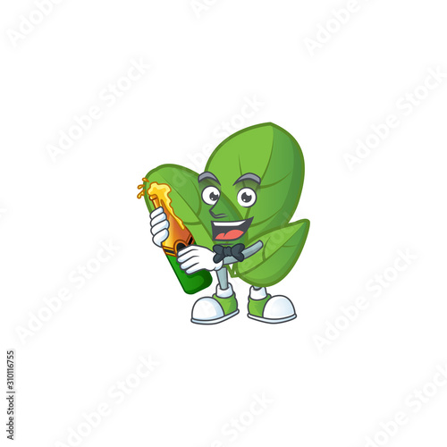 Happy basil with beer cartoon character design