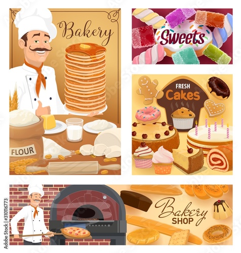 Bakery shop bread, baked desserts and pastry sweet cookies. Vector baker man in chef hat at kitchen oven kneading dough, cooking pizza and patisserie cakes, croissants, wheat bagel buns and donuts