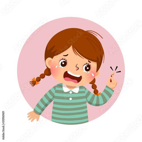 Vector illustration of cartoon girl crying because of bleeding blood from the cut finger wound. Health Problems concept.
