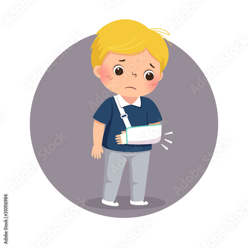 Vector illustration of cartoon sad boy looking at his broken arm in cast. Health Problems concept.