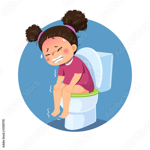 Vector illustration of cartoon girl sitting on the toilet and suffering from diarrhea or constipation. Health Problems concept. photo