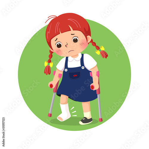 Vector illustration of little girl with broken leg bandage cast walking using crutches. Health Problems concept.