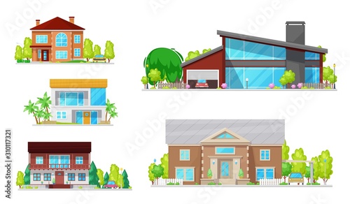 Houses, mansions and residential real estate building architecture. Vector modern family homes, cottage houses or villa apartments, urban property, motel and hotel resort with terraces and garages