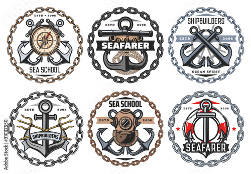 Nautical ship anchor and vintage aqualung icons, ocean spirit and seafarer captain signs. Vector sea school badge, marine heraldic symbols of frigate cannon and crossed boat anchor in chain