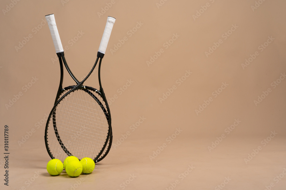 Tennis player sport equipment. Tennis racket and ball