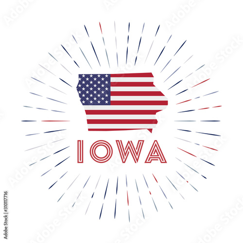 Iowa sunburst badge. The US state sign with a map of Iowa with the American flag. Colorful rays around the logo. Vector illustration.