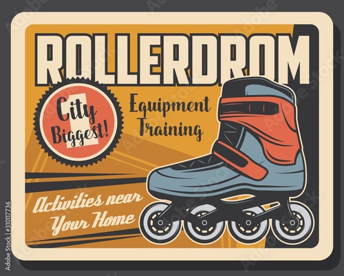 Rollerdrom rink and roller skate activity rink vintage retro poster. Vector summer roller skaters park and training equipment rental, professional and hobby outdoor leisure activity