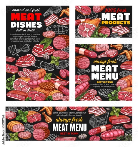 Butcher shop meat food menu, sausages and butchery gourmet delicatessen. Vector farm butchery products pork, lamb and beef steak or ham and bacon, filet and mutton ribs, salami and cervelat sausages