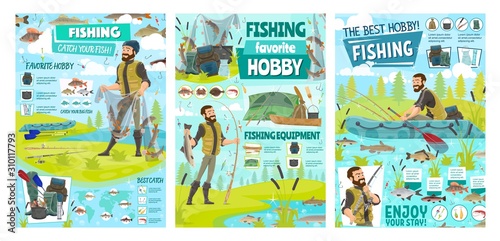 Sea fishing sport and big fish catch hobby, fisher tackles, lures and equipment infographics. Vector fisherman in rubber boat at river with rod, fisherman camping tent and seafood baits