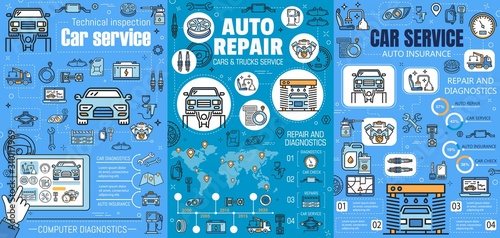 Car mechanic maintenance service, automobile repair and diagnostics auto center. Vector vehicle insurance, car wash and technical garage station, car check-up, engine oil replacement and tire pumping