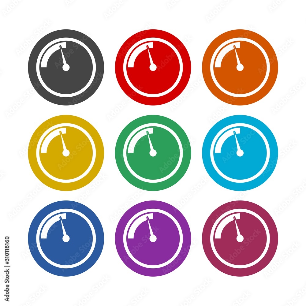 Speedometer color icon set isolated on white background Speedometer color icon set isolated on white background