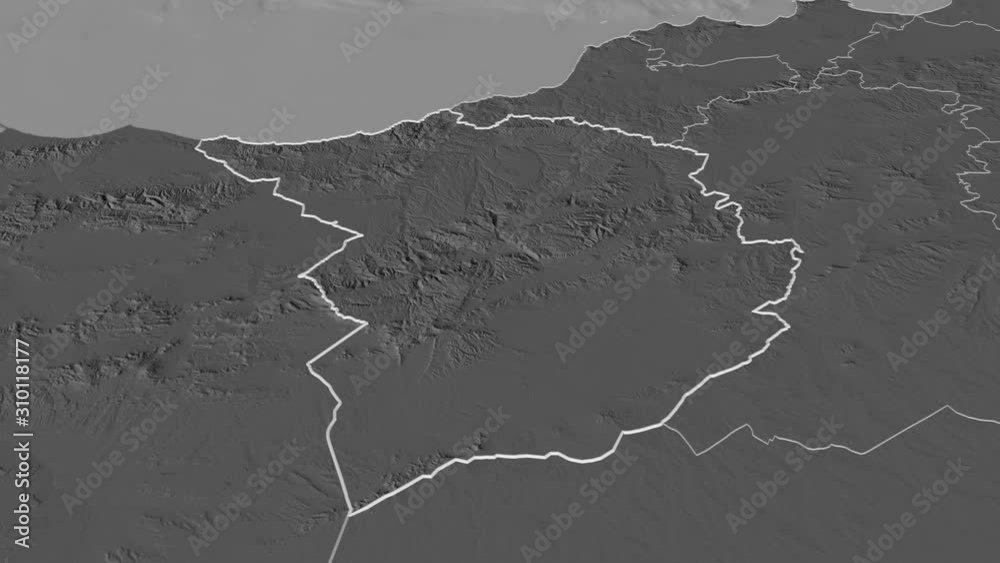 Tlemcen, province with its capital, zoomed and extruded on the bilevel map of Algeria in the conformal Stereographic projection. Animation 3D Tlemcen, province with its capital, zoomed and extruded on the bilevel map of Algeria in the conformal Stereographic projection. Animation 3D