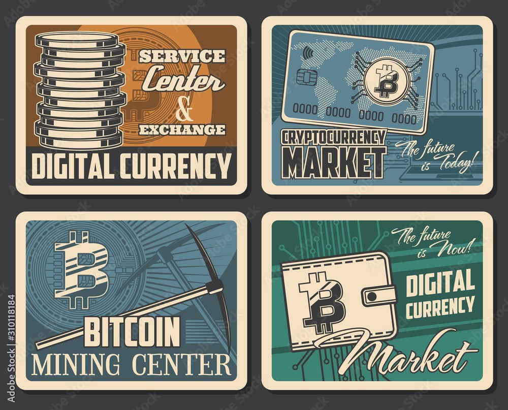 Bitcoin mining, cryptocurrency market and digital money blockchain technology retro vintage posters. Vector bit coins exchange and crypto currency wallet, virtual block chain and payment transactions