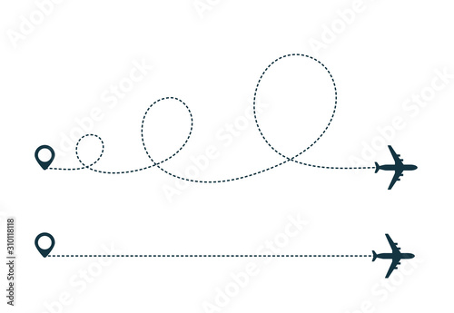 Airplane silhouette icon with dotted line path.