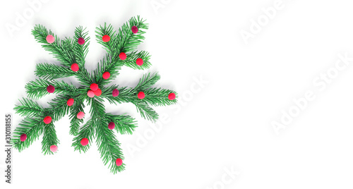snowflake made of spruce branches. horizontal banner. new year minimal concept. flat lay, top view