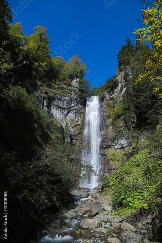 Maral Waterfall. The waterfall falls from a single incline, 63 m above sea level. Borcka, Macahel, Artvin, Turkey.