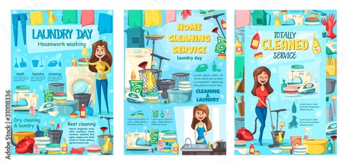 Clean house service, dry cleaning and laundry, kitchen dish washing and housekeeping. Vector housewife cleaning and mopping floor, ironing clothing, sewing needlework, detergents and sponges