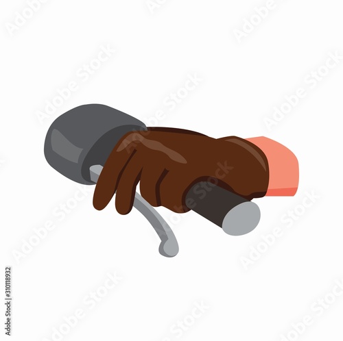 human hand wear leather glove on motorcycle handlebar press brake, flat illustration vector