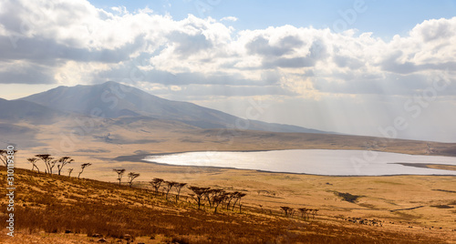 Game drive with Safari car in Serengeti National Park in beautiful landscape scenery, Tanzania, Africa