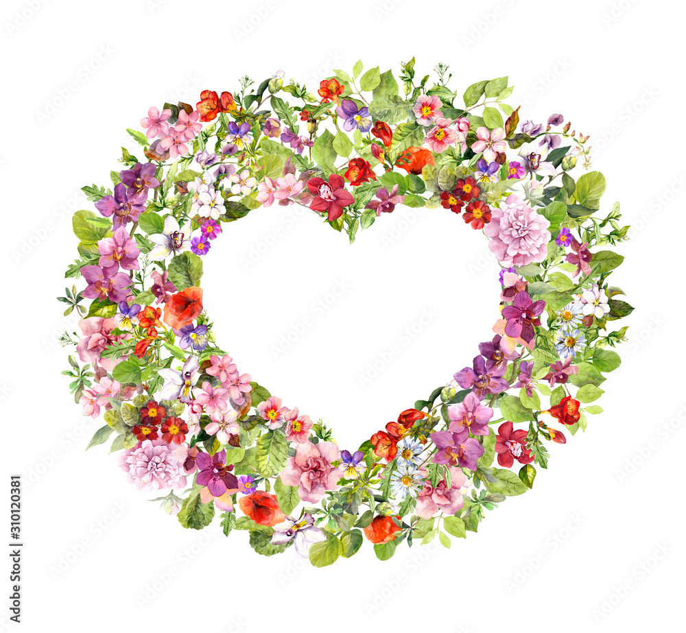 Floral frame - heart shape. Summer flowers, meadow herbs, wild grass. Watercolor for Valentine day