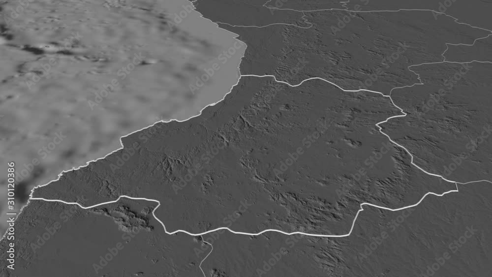 Benguela, province with its capital, zoomed and extruded on the bilevel map of Angola in the conformal Stereographic projection. Animation 3D Benguela, province with its capital, zoomed and extruded on the bilevel map of Angola in the conformal Stereographic projection. Animation 3D